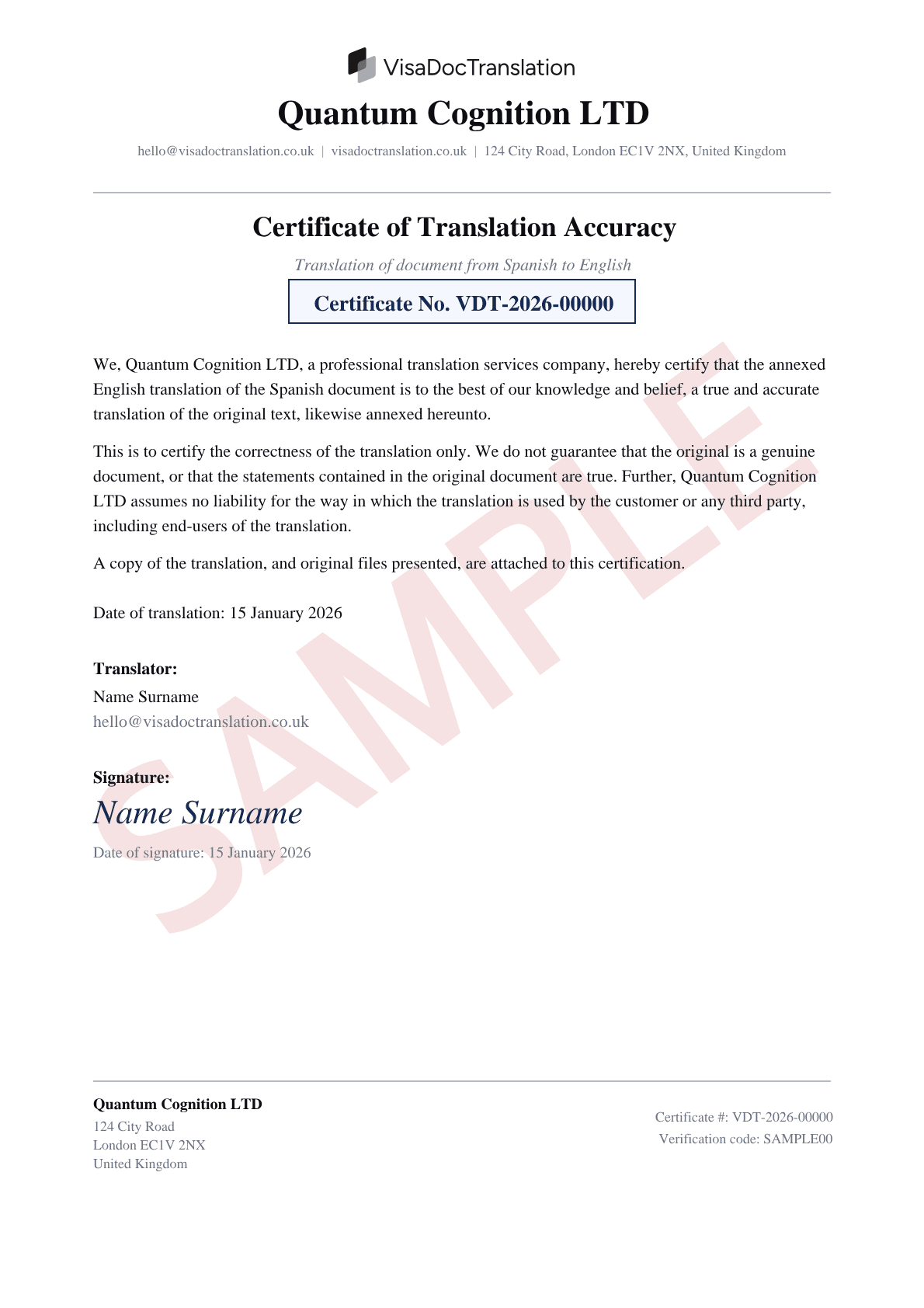 Sample certificate of translation accepted by UKVI